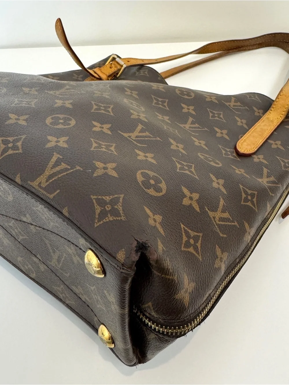 Louis Vuitton Brown Tan Monogram Voltaire Leather Trim Shoulder Bag Tote LV Zip